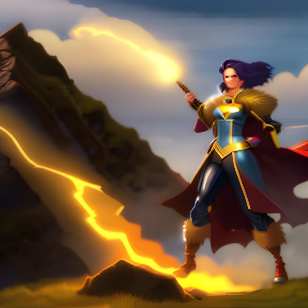 Ai generated image of a geothermal superhero. Woman holding a stick with lava flowing around.